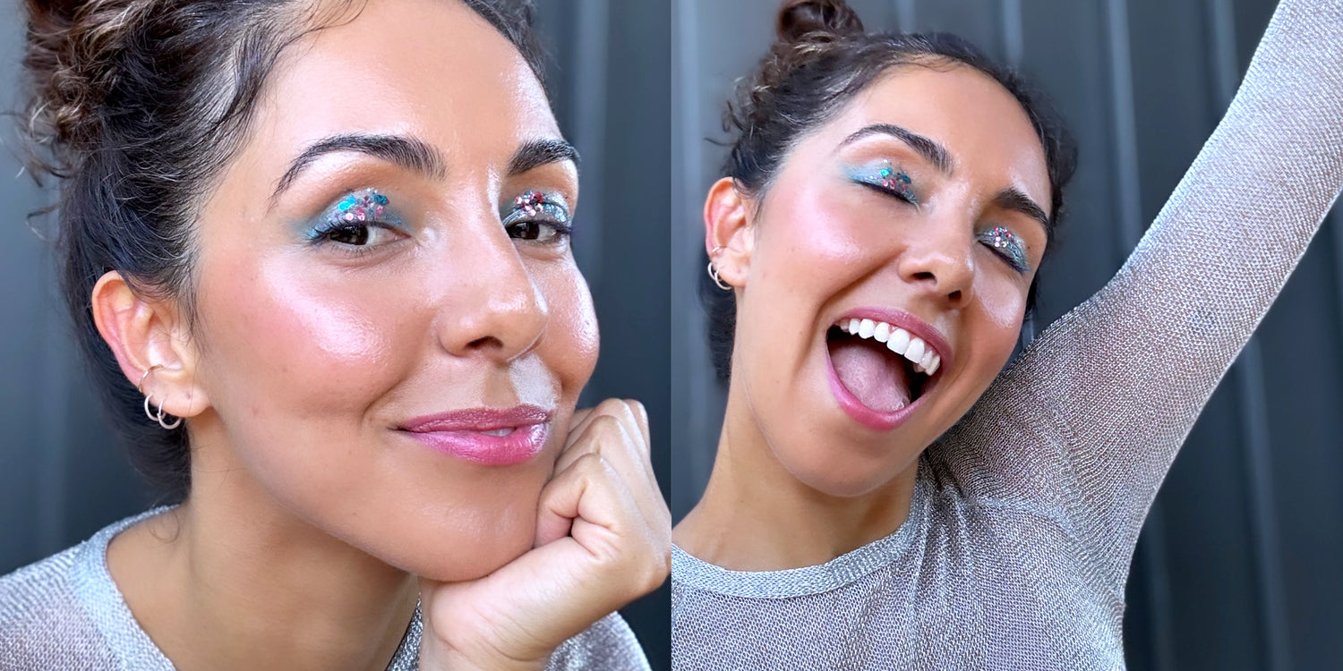 fun blue eye glitter festival makeup