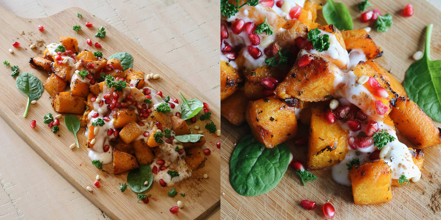 holiday-spiced roasted pumpkin with lemon sauce & pomegranate